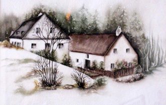 Aquarell Haus im Winter