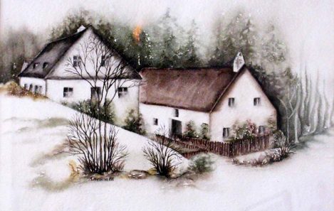 Aquarell Haus im Winter