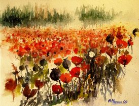 Aquarellgemälde Mohnfeld