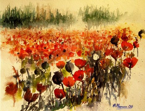 Aquarellgemälde Mohnfeld